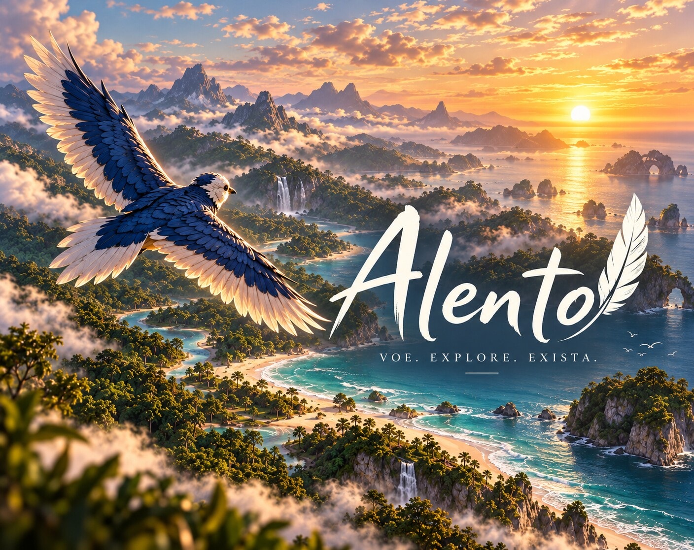 Capa oficial do Alento: um pássaro azul voa sobre ilhas, florestas e praias ao pôr do sol, com o logotipo e o lema “Voe. Explore. Exista.”