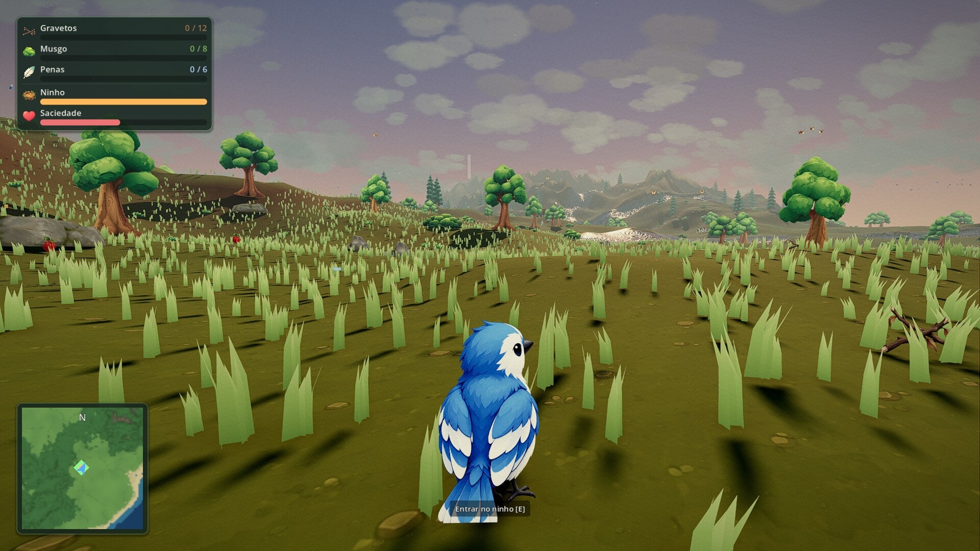 Captura do Alento: o pássaro azul no campo, com o painel de materiais do ninho (gravetos, musgo e penas), a barra de saciedade e o mapa da ilha.