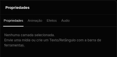 Painel de propriedades do Fryvox com as abas Propriedades, Animação, Efeitos e Áudio.