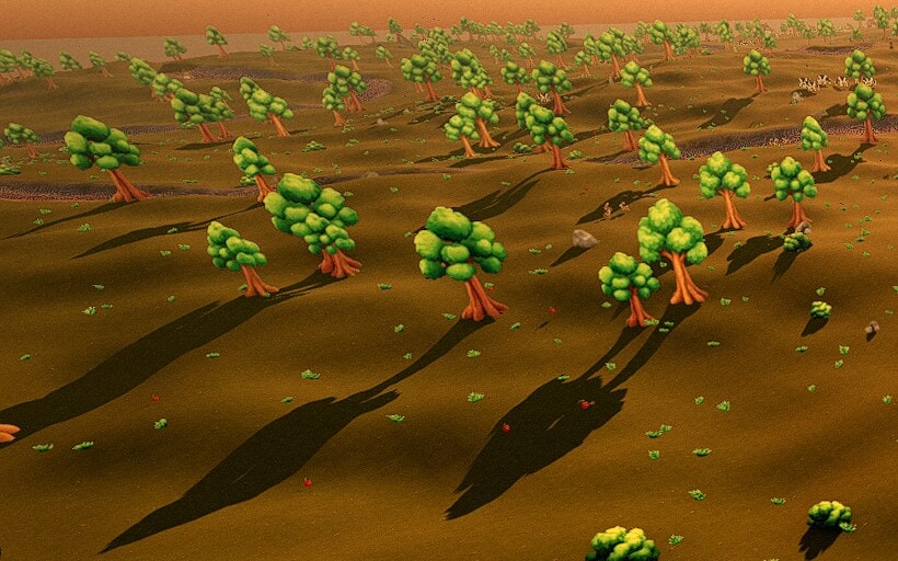 Captura do Alento: árvores projetam sombras longas sobre a ilha na luz dourada do fim da tarde.