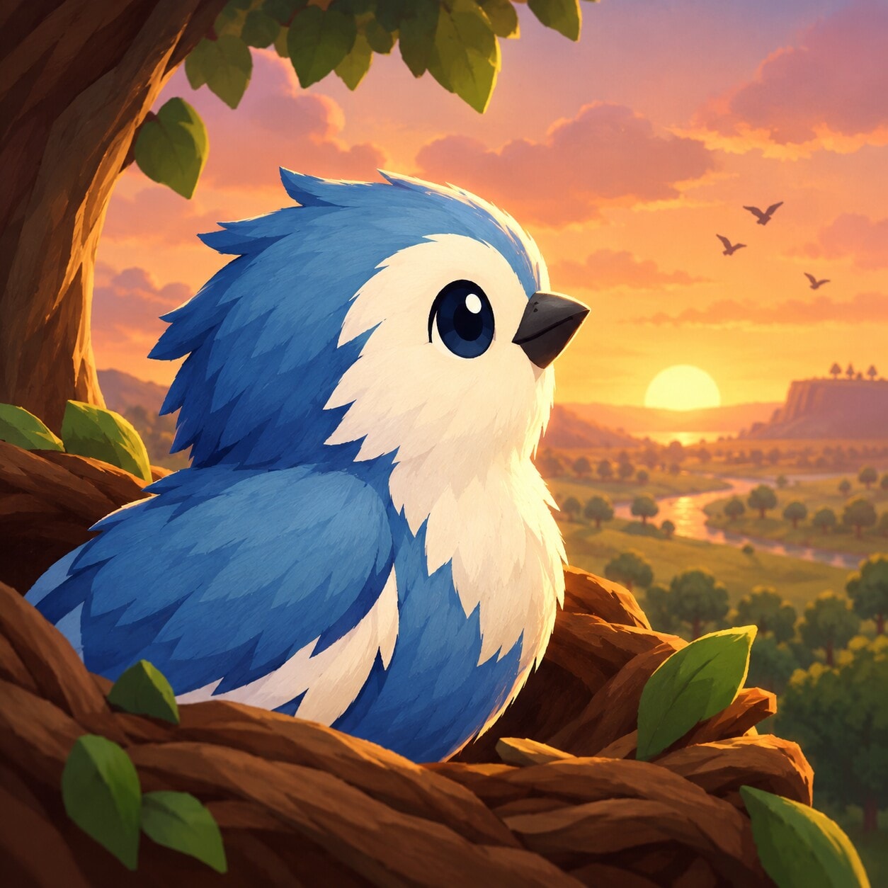 Arte oficial do Alento: o pássaro azul no ninho, olhando o pôr do sol sobre um vale com um rio.